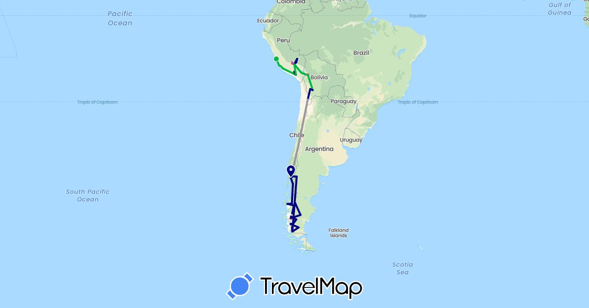 TravelMap itinerary: driving, bus, plane, train, hiking in Argentina, Bolivia, Chile, Peru (South America)